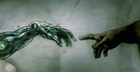 Image of a finger from a human hand close to touching a finger from a robot's hand.